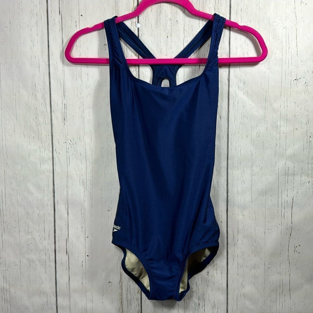 Speedo Womens One Piece Racerback Athletic Swim Solid Blue Swimsuit